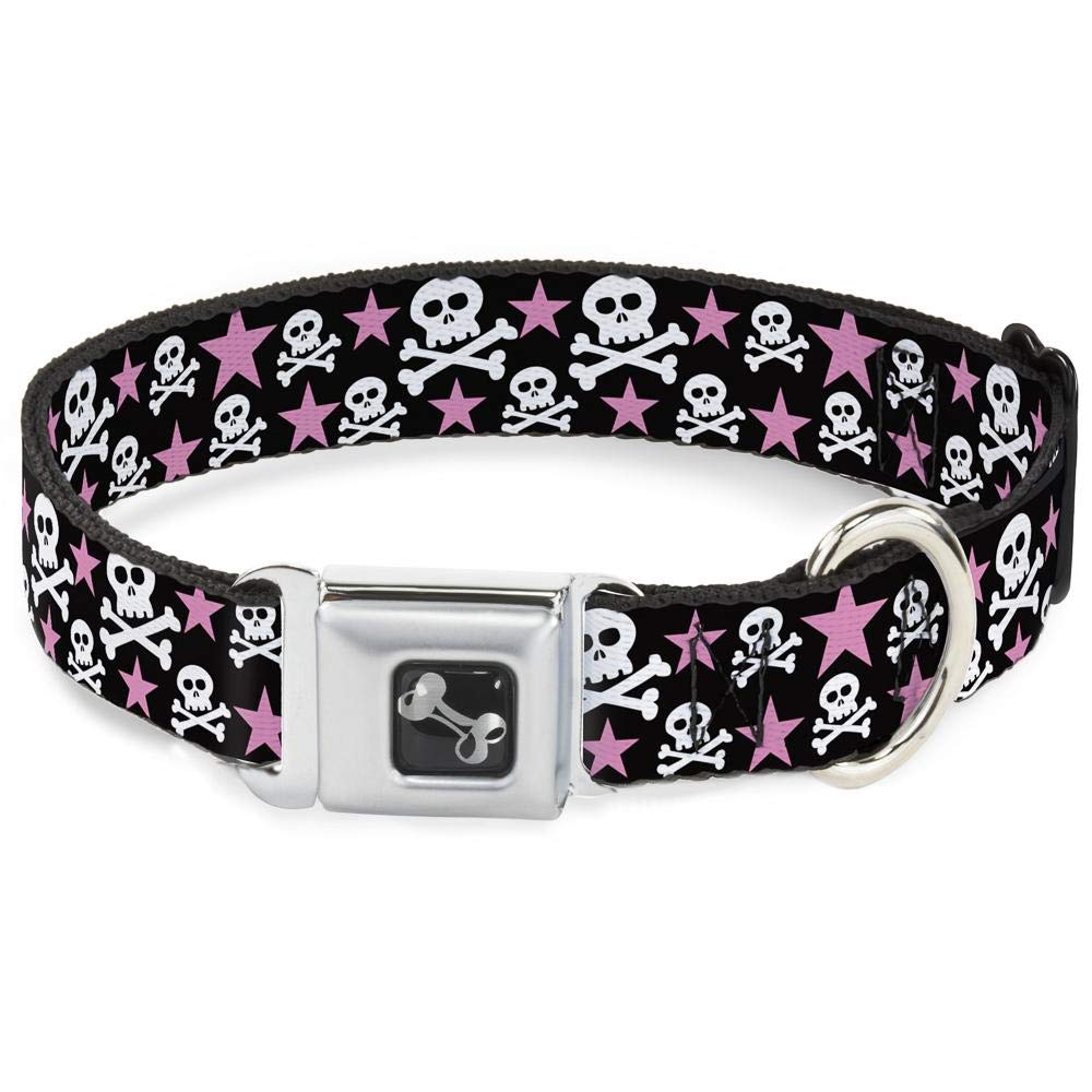 Dog Collar Seatbelt Buckle Skulls Stars Black White Pink 15 To 26 Inches 1.0 Inch Wide