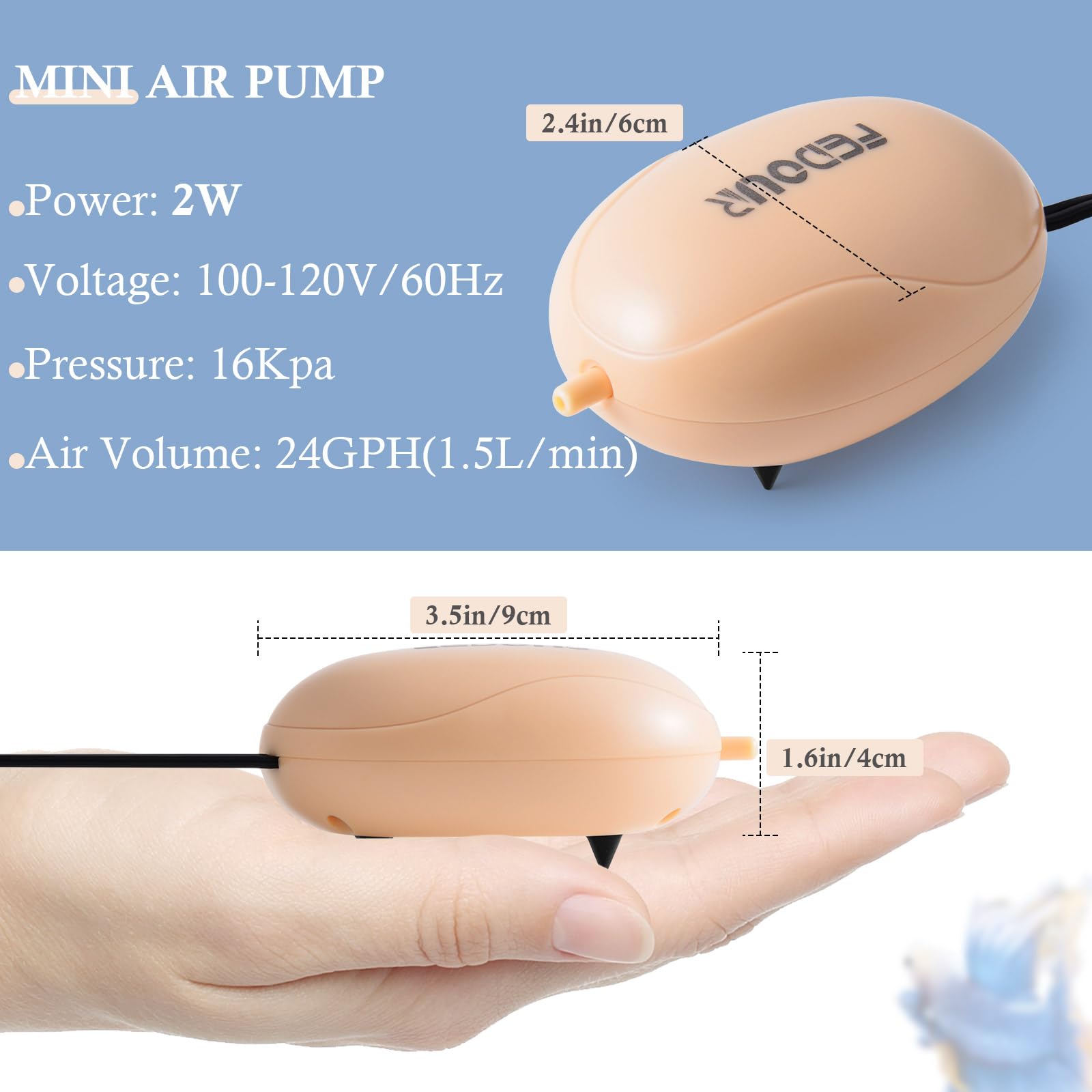 Fedour Mini Aquarium Air Pump, Quiet Fish Tank Oxygen Pump With Single Outlet, Adjustable Aquarium Air Bubbler With Complete Acc