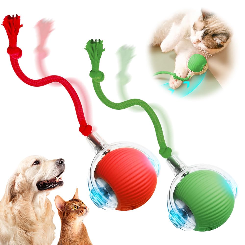 Interactive Cat Ball Toy With Cord Imitation Mouse - Automatic Rolling Smart Balls For Indoor Adult Cats (Red+Green)