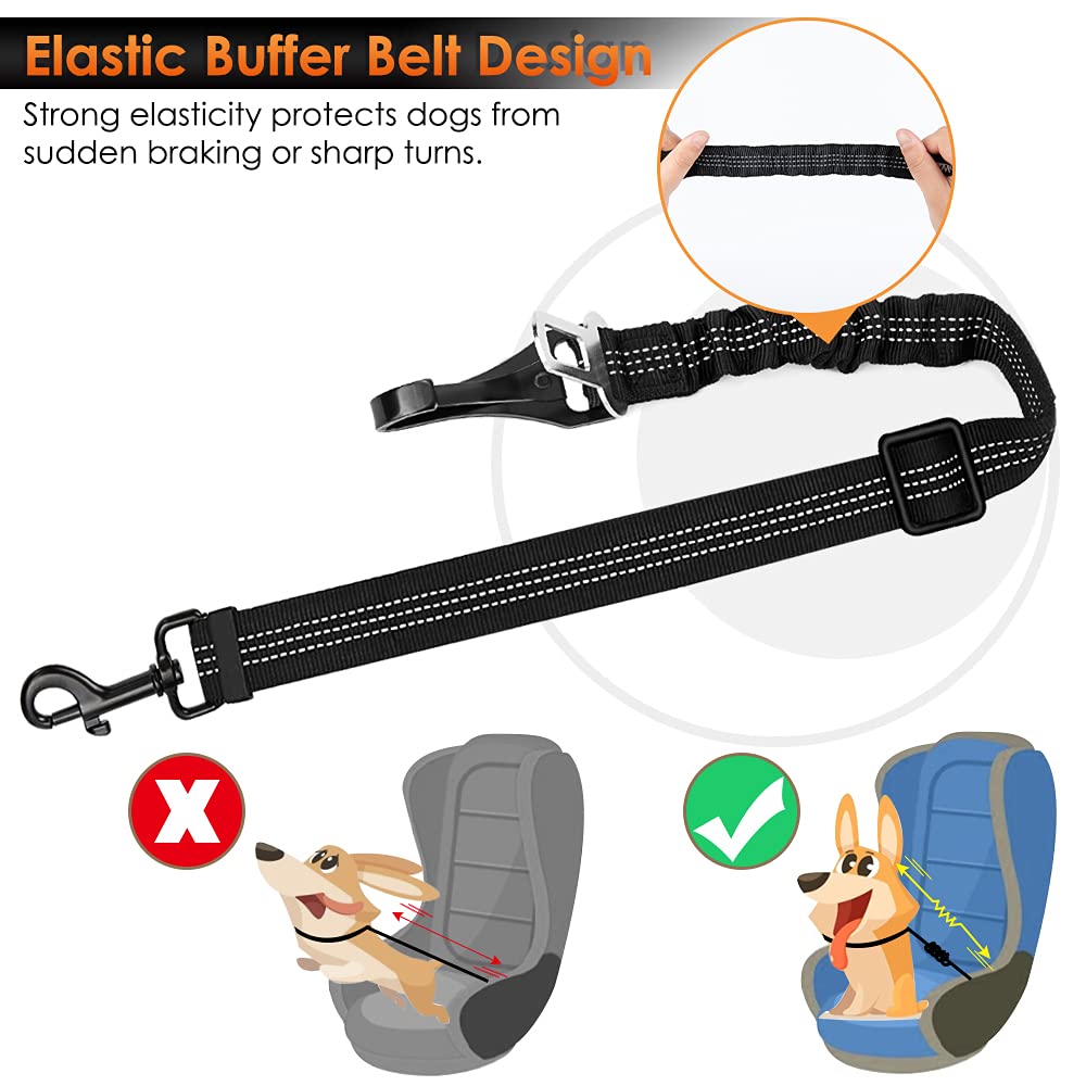 Slowton Dog Seat Belt, Adjustable Dog Safety Belt Leash, 2 In 1 Latch Bar Attachment Dog Car Seatbelt With Elastic Nylon Bungee Buffer, Reflective Nylon Belt Tether Connect To Dog Harness (2Black)