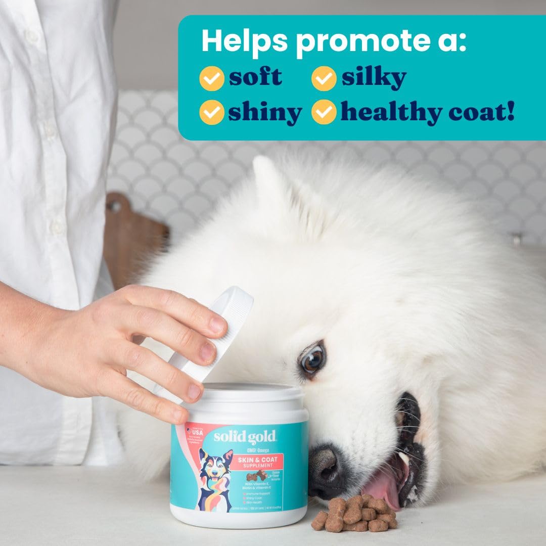 Solid Gold Omega 3 Fish Oil for Dogs Soft Chews - Chicken Flavored Omega 3 for Dog Skin & Coat Health - Vitamin C, E & Biotin Ch
