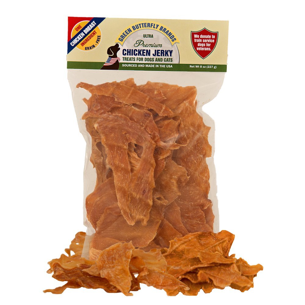 Green Butterfly Brands Chicken Jerky - Dog Treats Made In Usa Only - 1 Ingredient: Usda Grade A Chicken Breast - No Additives Or Preservatives - Grain Free Snack, All Natural Premium Strips, 8 Ounces