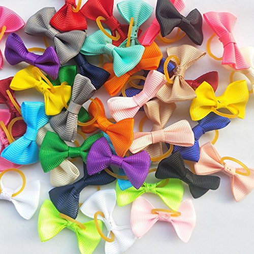 Chenkou Craft New 40Pcs(20Pairs) Puppy Yorkie Dog Hair Bow Pure Ribbon With Rubber Band 40Mm Pet Grooming Products Mix Colors Varies Patterns Pet Hair Bows (Pure Ribbon Rubber Bow)