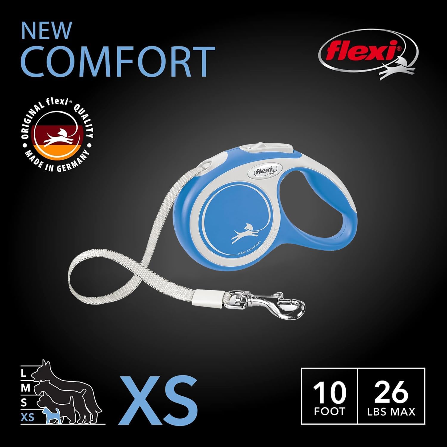 Flexi New Comfort Tape Retractable Dog Leashes For Extra Small Dogs Upto 26 Lbs. - 10 Ft., Blue | Tangle Free Pet Walking Leash