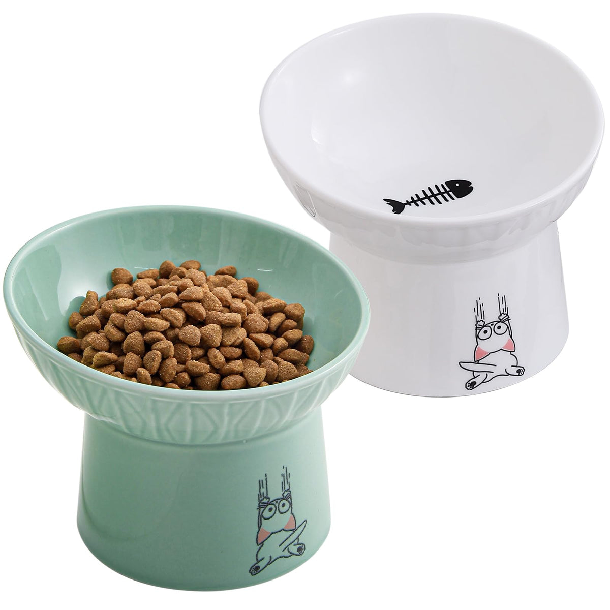 Omaykey 6.5 Inch Extra Wide Elevated Cat Bowls, Ceramic Raised Tilted Cat Bowl For Food And Water, Porcelain Pet Feeder Dishes For Cats & Dogs, Whisker Fatigue, White & Green