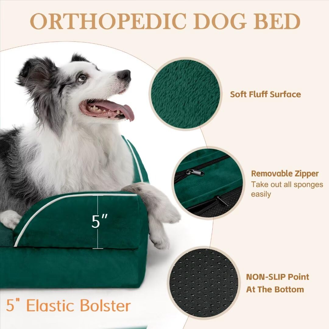 Comfort Expression Xl Orthopedic Dog Beds, Waterproof Dog Bed, Extra Large Dog Beds With Bolster, Washable Dog Bed Sofa Pet Bed With Removable Cover & Non-Slip Bottom(X-Large,Emerald)