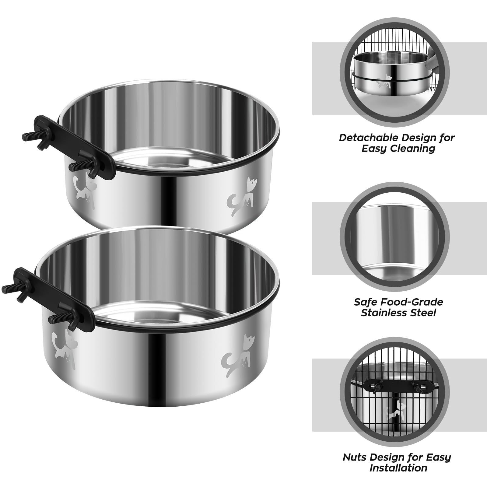 Dog Crate Water Bowl No Spill, Dog Crate Bowls Hanging 2 Pack, Kennel Water Bowl Mountable, Stainless Steel Coop Cup, Pet Cage A