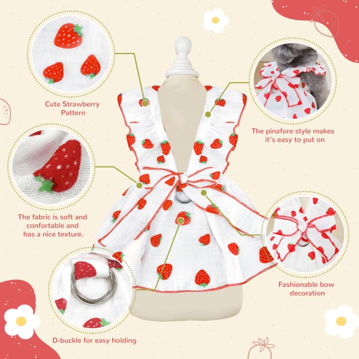 Dog Dresses For Small Dogs Girl Female Clothes Cat Clothes Cat Dress Cute Cotton Extra Summer Clothes Bow Decor Printed Strawber