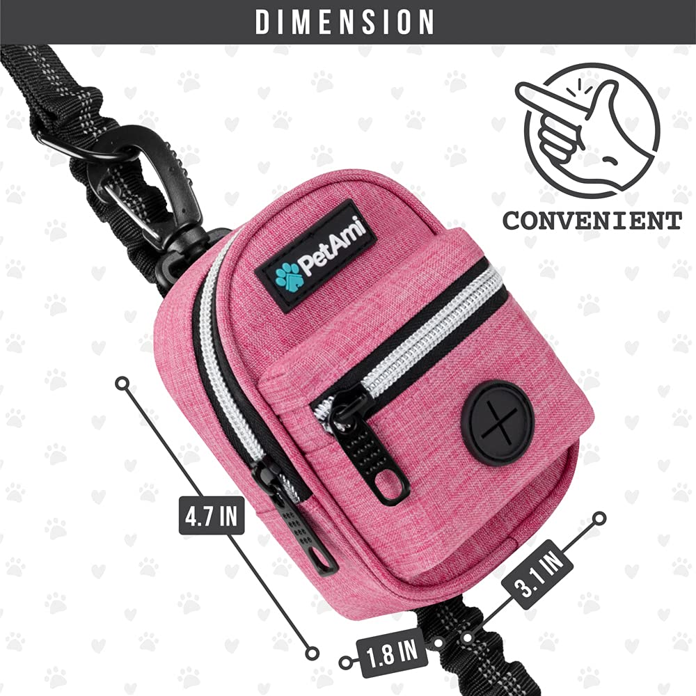 Petami Dog Poop Bag Holder | Dog Waste Bag Dispenser With Clip For Leash And Belt | Portable Fabric Doggy Waste Bag Holder For Walking Hiking Running Travel - With One Roll Of Dog Bag (Heather Pink)