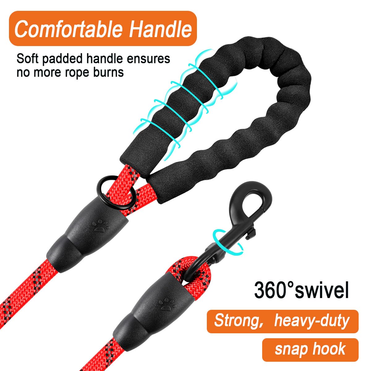 Barkbay 2 Pack Dog Leashes For Large Dogs Rope Leash Heavy Duty Dog Leash With Comfortable Padded Handle And Highly Reflective Threads 5 Ft For Small Medium Large Dogs(Red+Black)