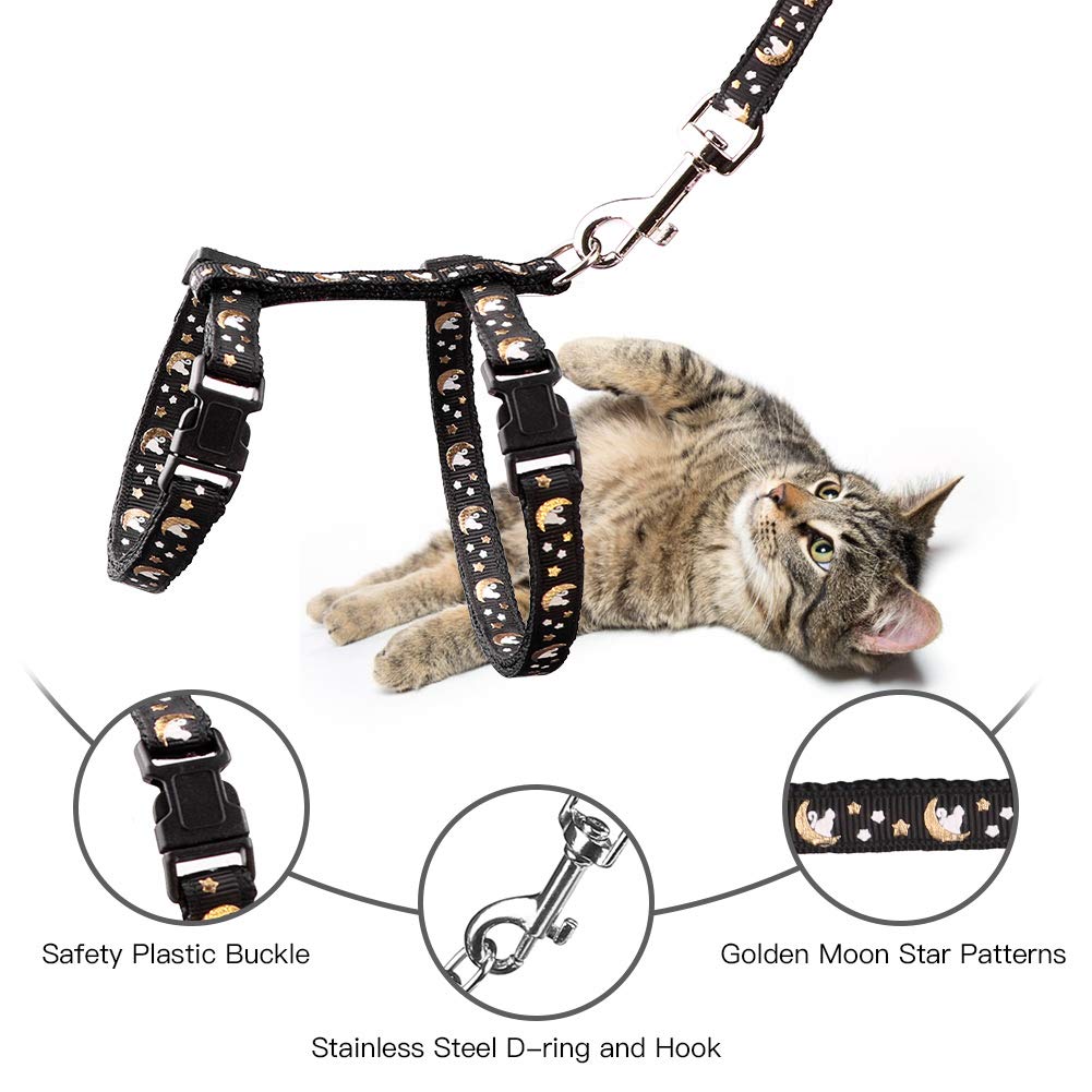 Cat Harness And Leash Set Gold Moons Stars Soft Nylon Escape Proof Adjustable For Kittens Small Animals Glow In The Dark (Black)