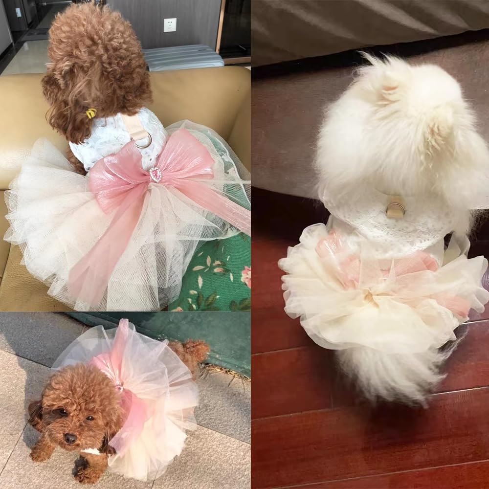 Anelekor White Small Dog Wedding Dress With D-Ring, Bow Knot Puppy Clothes For Small Dog Girl,Cat Birthday Outfit, Pet Party Dre