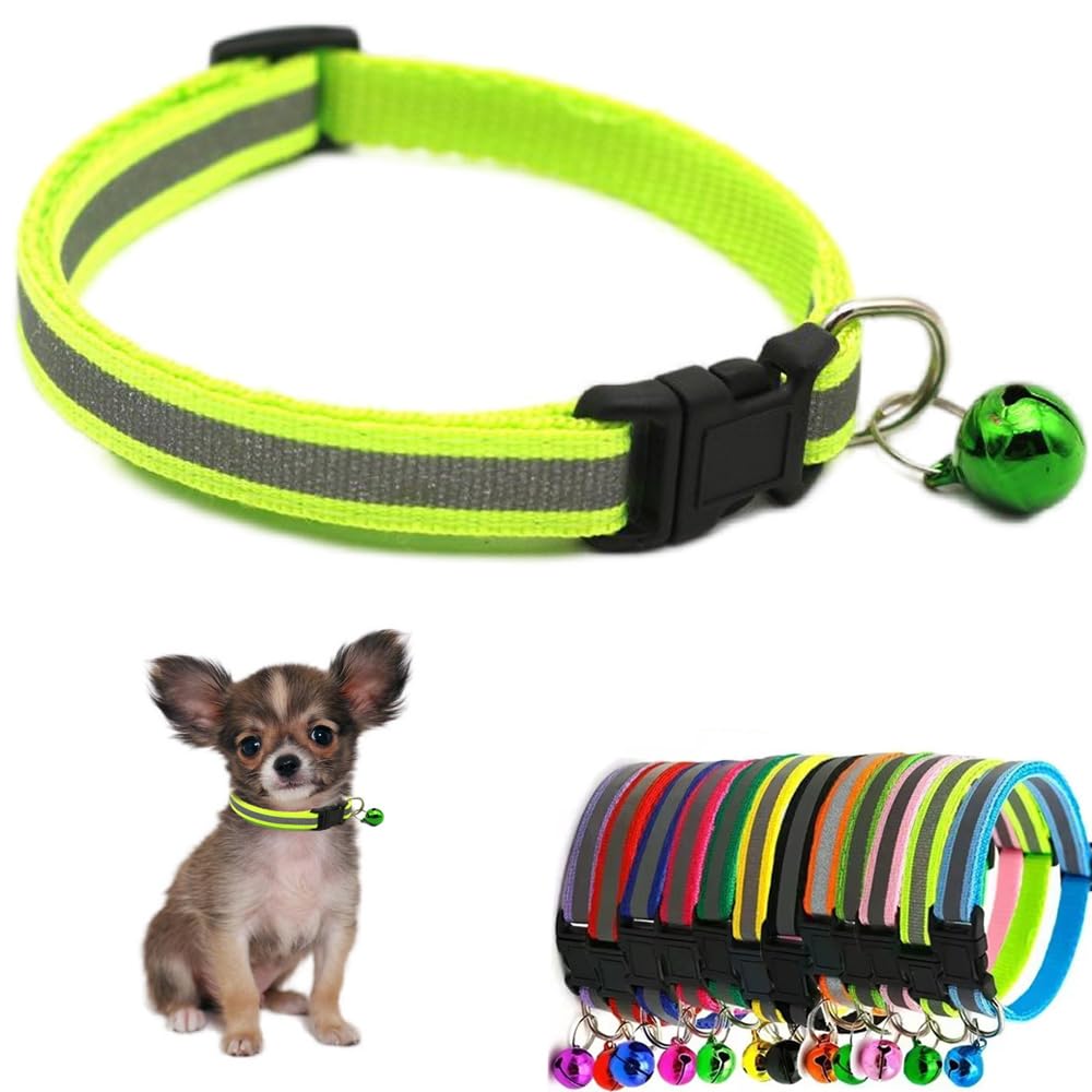 Neon Green Kitten Collar With Bell, Reflective Puppy Collars Soft Adjustable Buckle For Xxs Xsmall Extra Small Puppies Dogs Fema