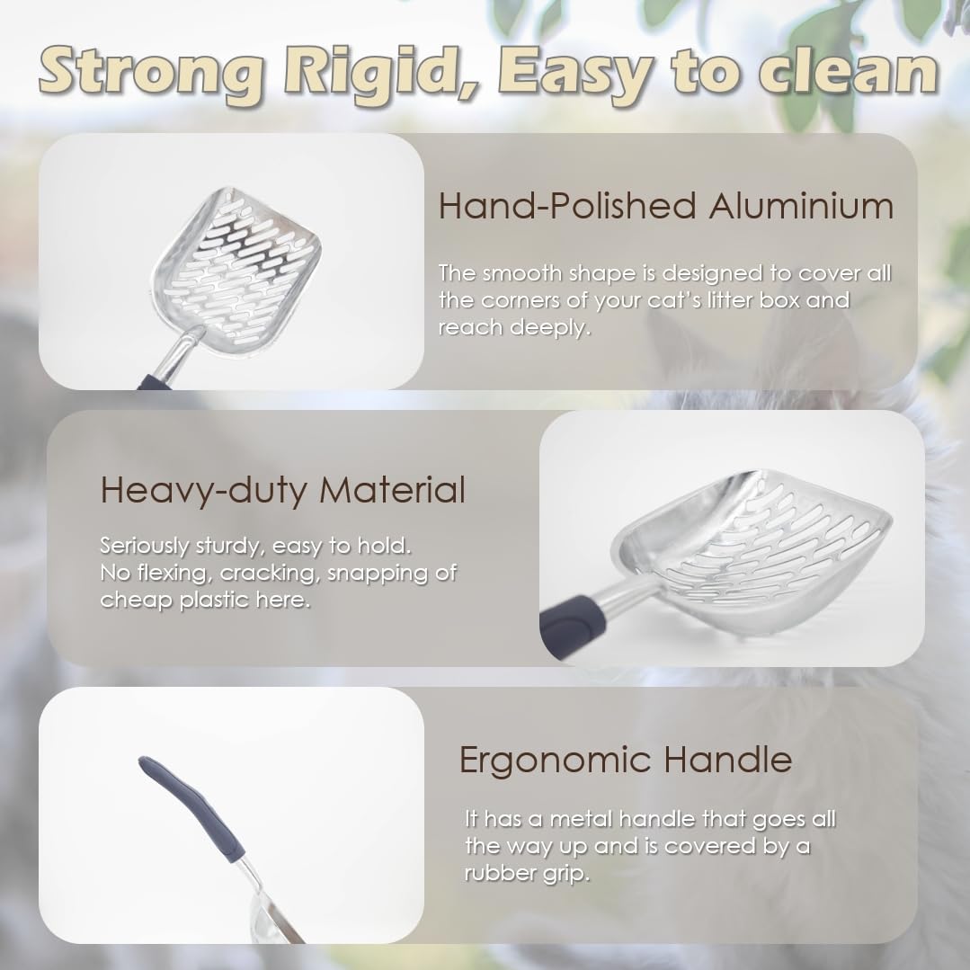 Vitisyao Aluminium Cat Litter Scoop In Holder, Non-Stick Cat Poop Scooper With Holder, Fast Sifting Kitten Poop Lifter And Caddy