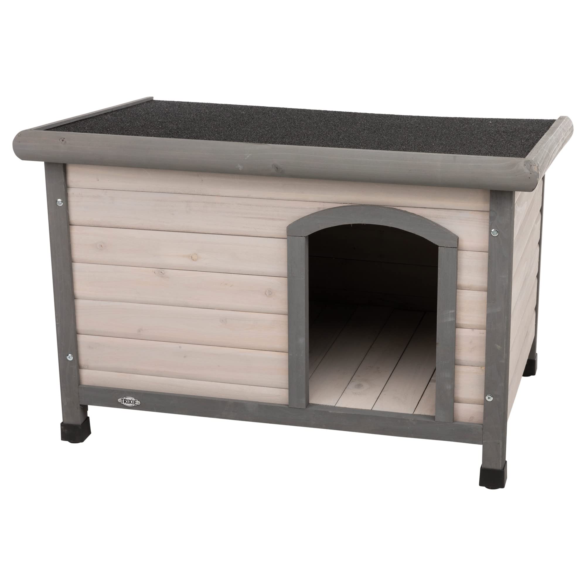 Trixie Natura Classic Dog House – Small Outdoor Dog House With Weatherproof Sealer & Hinged Roof, Wooden Dog House With Adjustable Legs For Small Dogs In Grey – 23.75 X 33.5 X 23 In