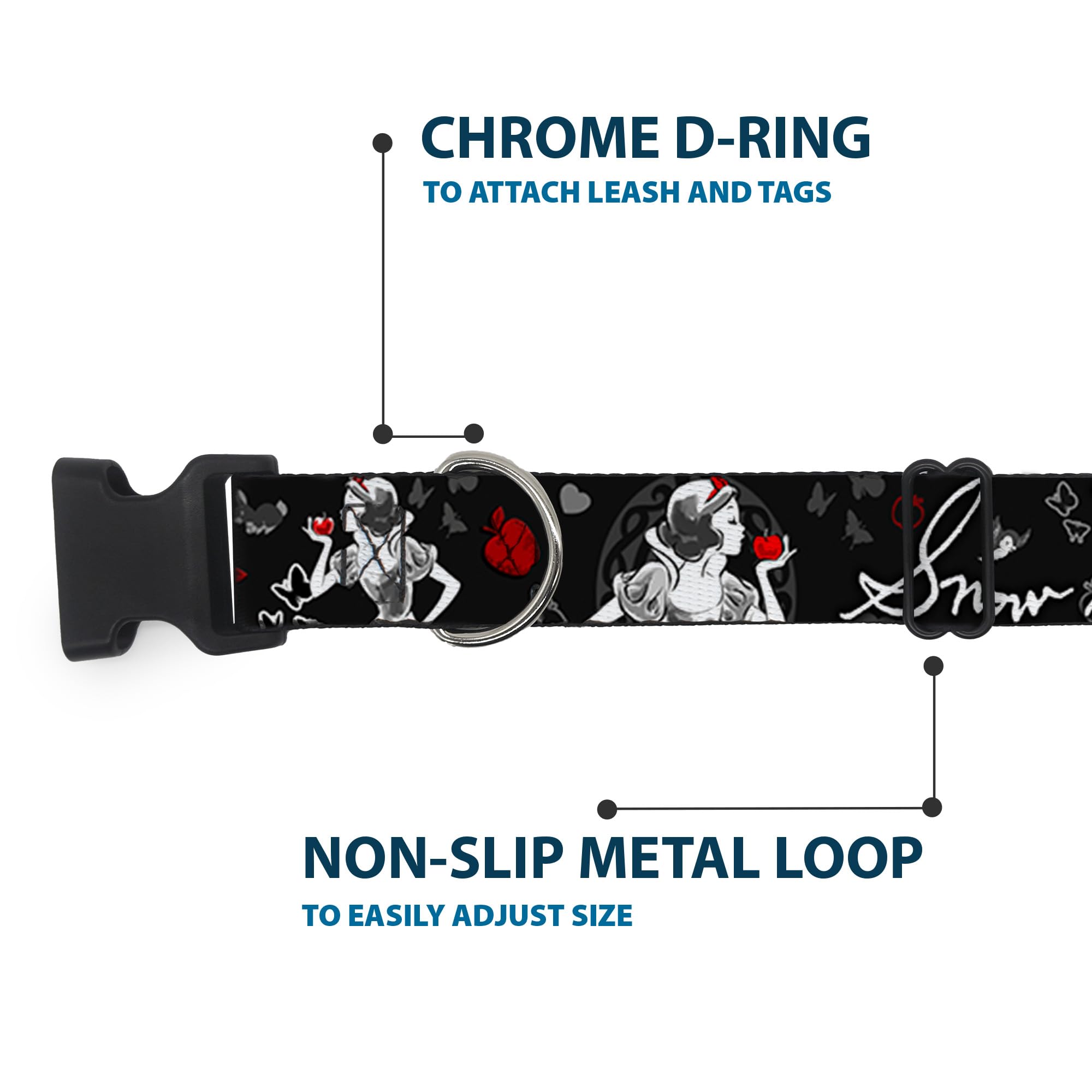 Buckle-Down Plastic Clip Collar - Snow White Apple Poses/Butterflies Black/Gray/Red - 1/2'' Wide - Fits 6-9'' Neck - Small