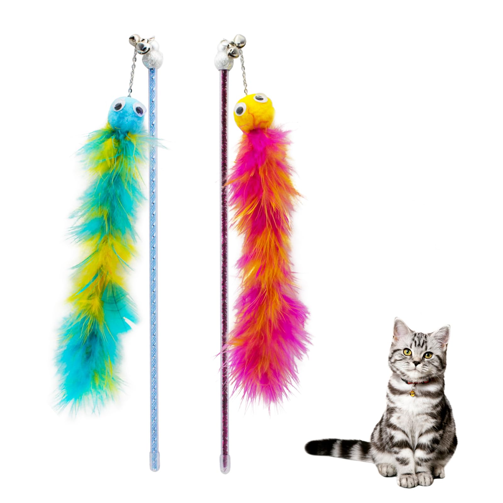 Andiker Cat Feather Toys, 2Pcs Cat Wand Toys With Bell&Plush Balls, 12In Colourful Interactive Kitten Teaser Toy, Funny Interact