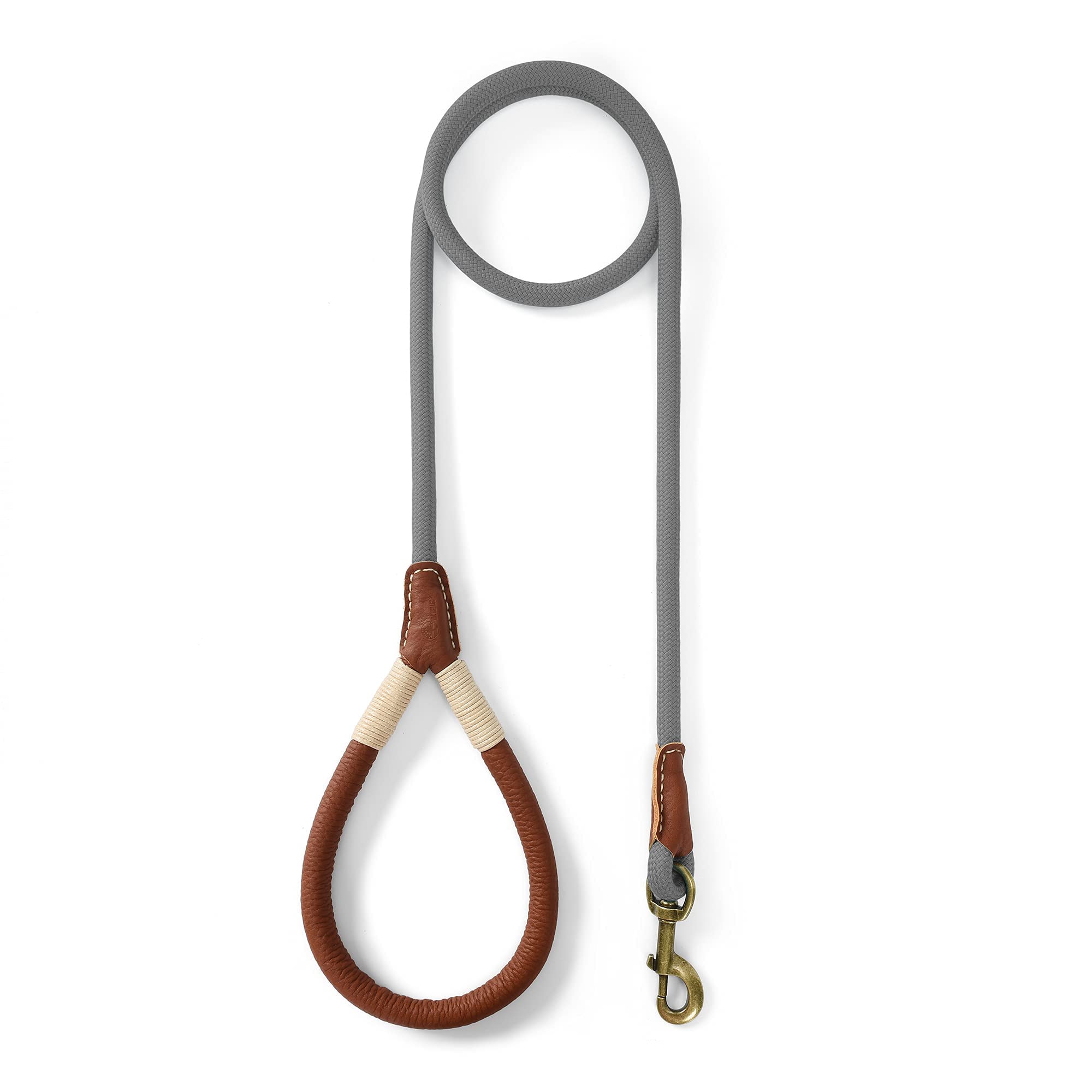 Mile High Life | Premium Leather Dog Leash | Strong Rope Dog Leash | Leather Handle | Heavy Duty Clasp | Small Medium Large Dogs | Diameter 1/2' (Grey, 6 Feet)