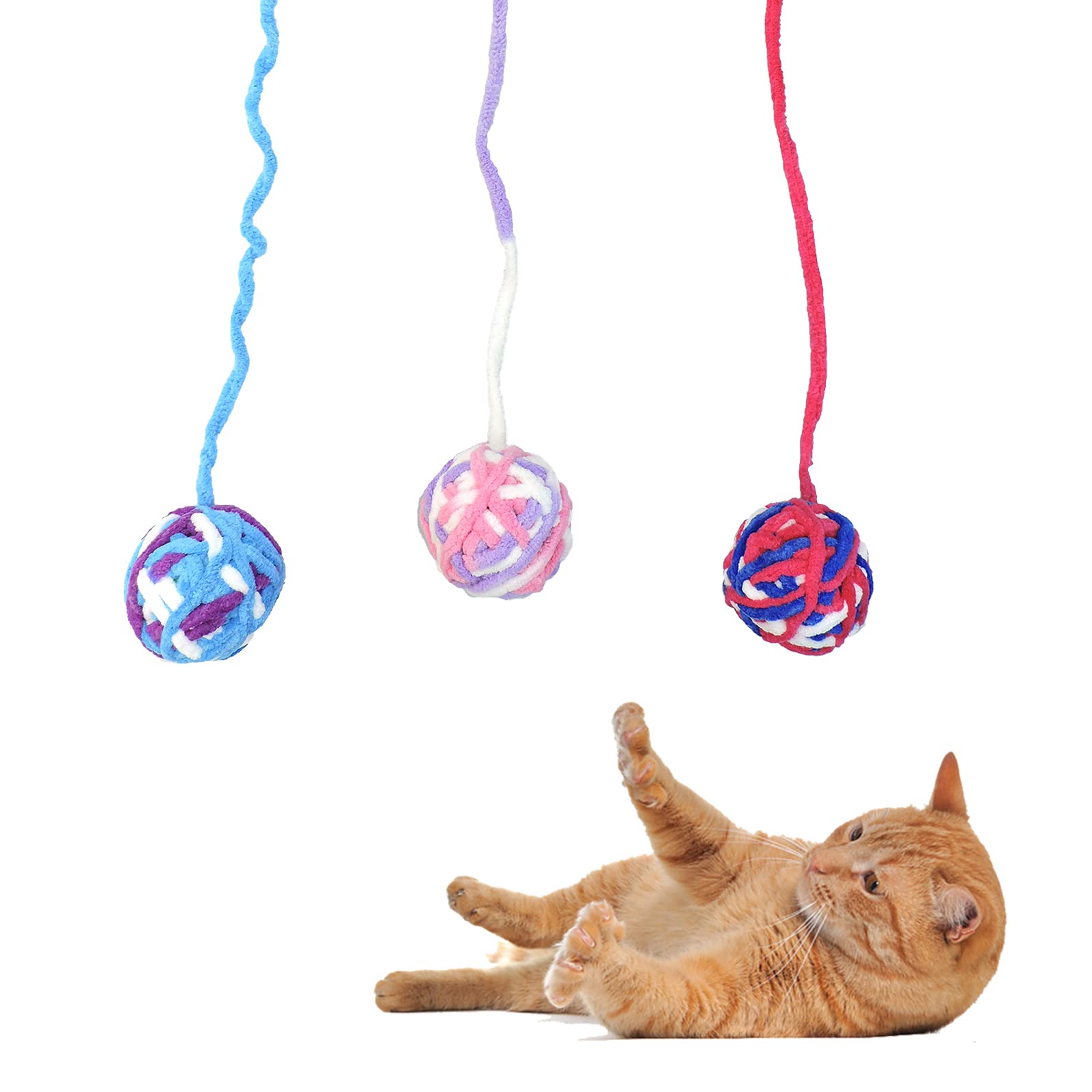 Andiker 3 Packs Cat Toys Balls With Bell And String, Kitten Toys Colorful Yarn Balls For Indoor Cats Interactive Playing(3 Piece