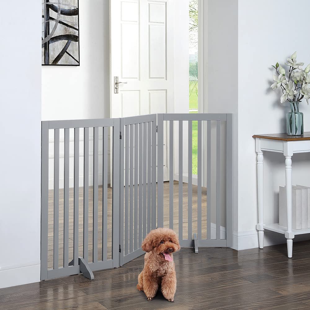 Unipaws 36' H Free Standing Pet Gate For Dog Cat, Tall Wooden Dog Gates For Doorway, Stairs, Foldable Pet Fence For The House, Expandable Dog Barrier, Indoor Use, Grey