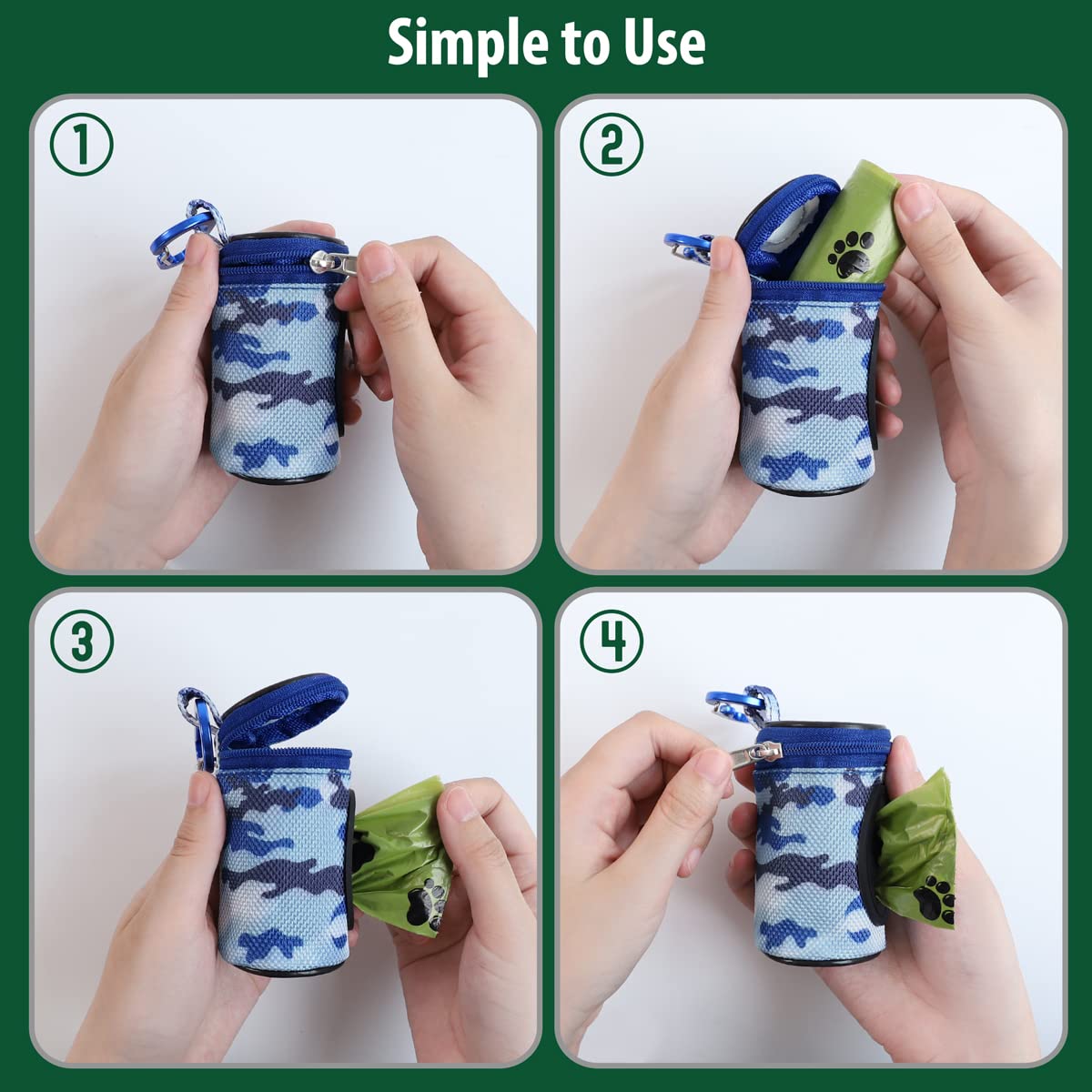 Furhab Dog Poop Bag Holder For Leash Doggie Waste Bag Dispenser Puppy Potty Carrier Small Doggy Zipper Pouch With Carabiner Clip 1680D Nylon Oxford With 1 Roll Of Pet Trash Bags, Sky Blue Camo