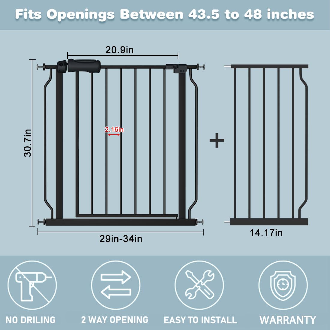 Flower Frail Baby Gate - Pressure Mounted Safety Gate, 43.5-48 Inch Wide, Black Alloy Steel, Model A07W046, Ideal for Dogs and Toddlers