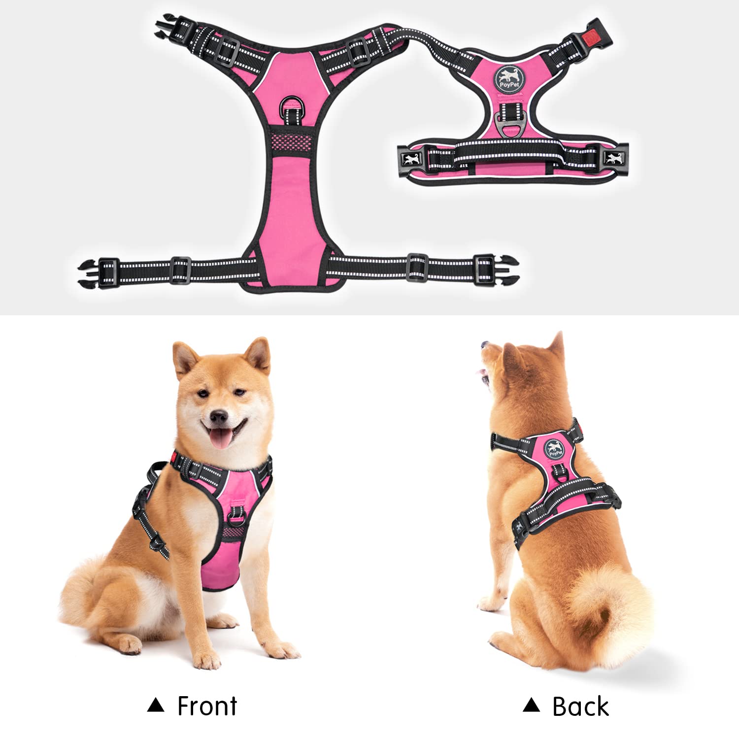 Poypet No Pull Dog Harness, No Choke Front Clip Dog Reflective Harness, Adjustable Soft Padded Pet Vest With Easy Control Handle For Small To Large Dogs(Pink,M)