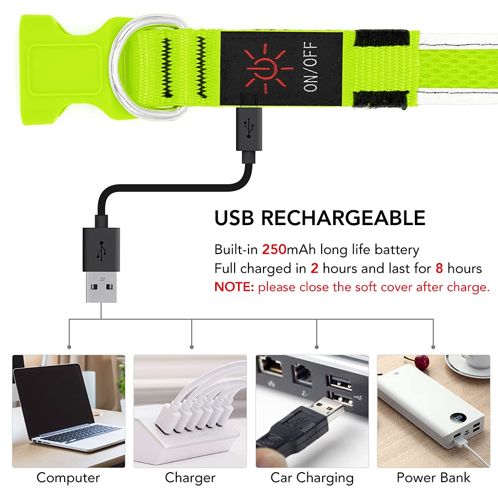 Yfbrite Light Up Dog Collar, Rechargeable Led Dog Collar, Flashing Dog Collar, Adjustable Reflective Dog Collar Safety Glowing At Night (Green, Large)
