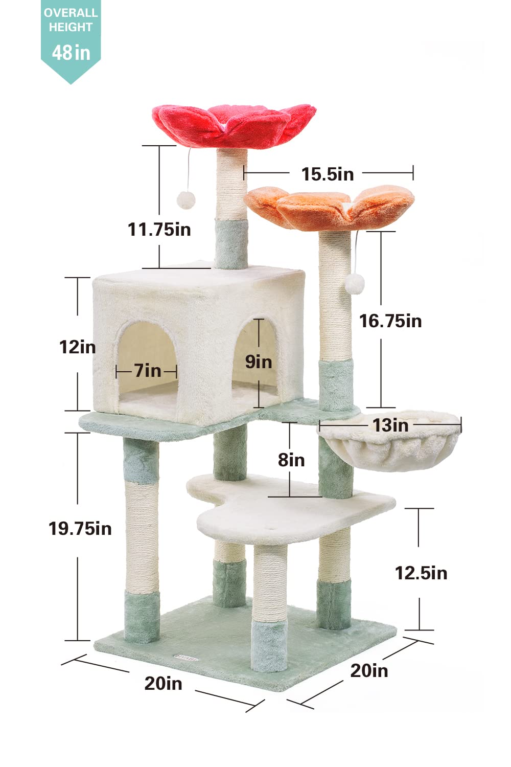 Hyabi 48 Inch Modern Cat Tree Tower With Hanging Basket & Flower Design - Multi-Level Cat Furniture With Plush Perches, Scratch Posts, Toy Balls - Stylish Indoor Playhouse For Cats & Kittens