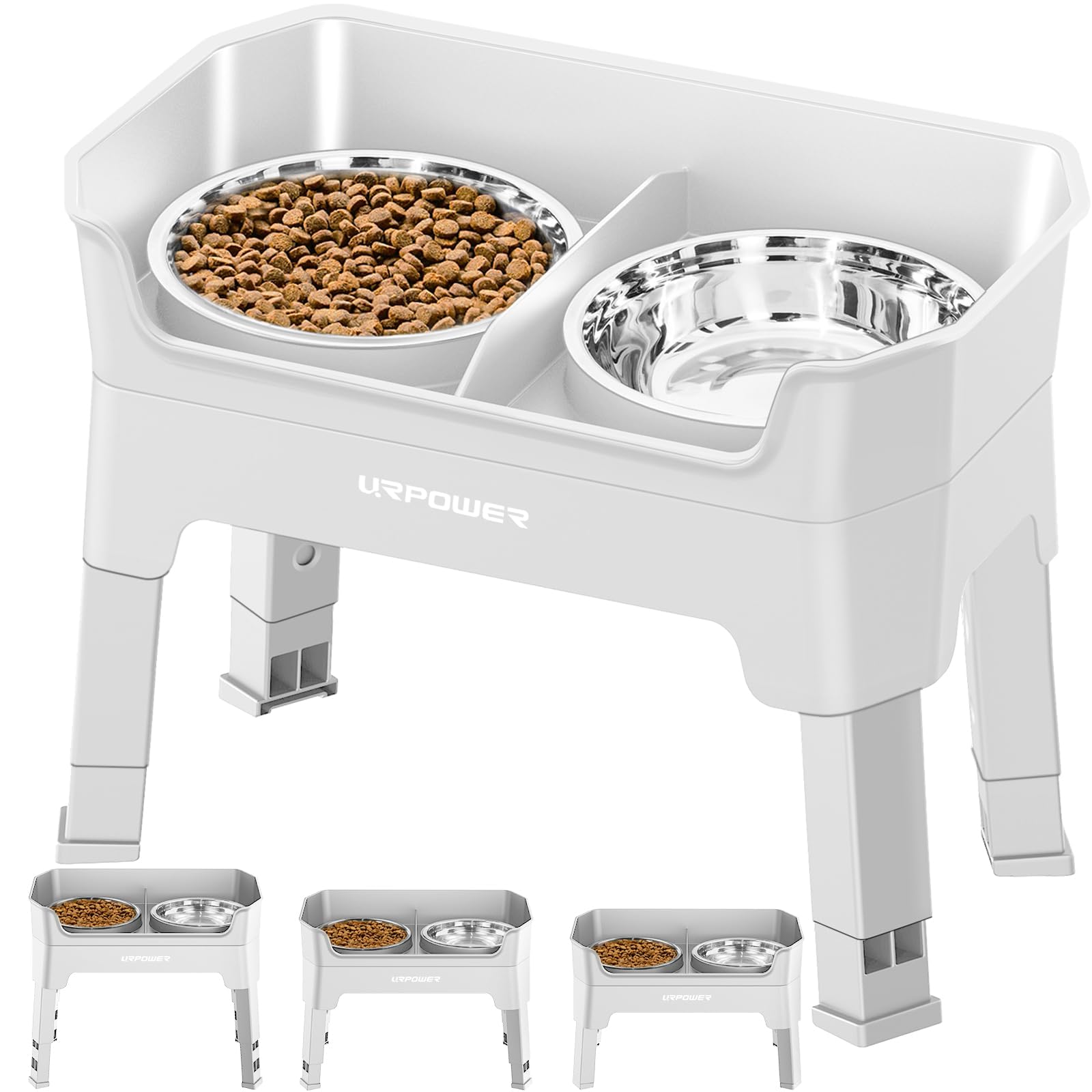 URPOWER 3-in-1 Elevated Dog Bowls - Mess Proof Double Deck 4 Height Adjustable Raised Stand with 2 Stainless Steel Food Bowls & 