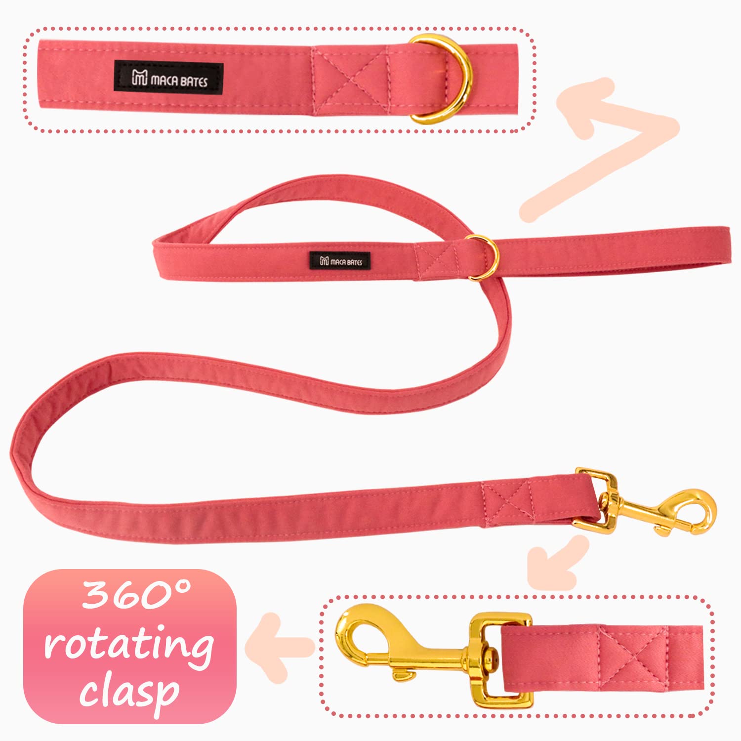 M MACA BATES Adjustable Dog Collar and Leash Set, XS, Metal Buckle, Peach Red for Small Medium Large Dogs