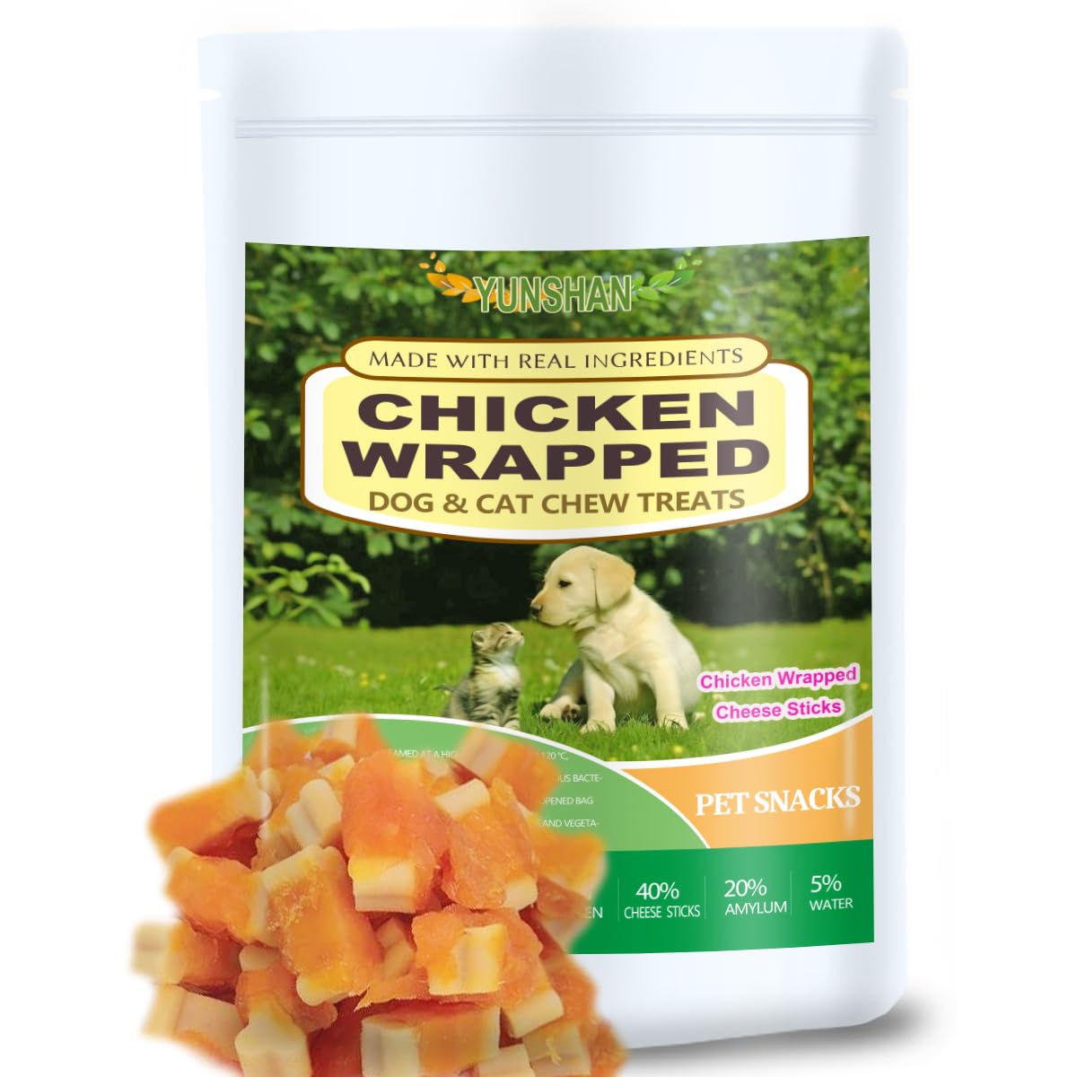 YUNSHAN Chicken Wrapped Dog & Cat Chew Treats, Cheese Sticks, 16 oz