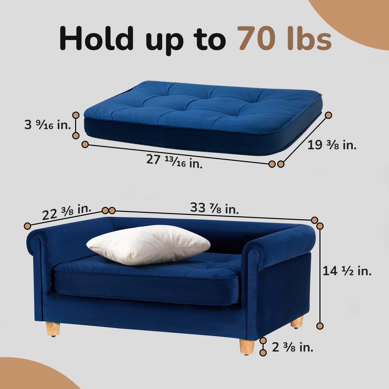 dCee Medium Dog Sofa, Holds Up to 70 Lbs, 33 in. Soft Velvety Dog Couches, Pet Sofa for Comfort Sleep and Joint Support, Navy