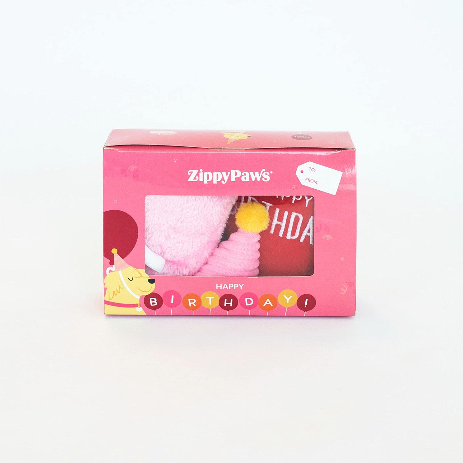 ZippyPaws - Birthday Box Gift for Dogs and Puppies - Dog Birthday Toys, Dog Birthday Cakes, Dog Squeaky Toys - 3 Pack, Pink