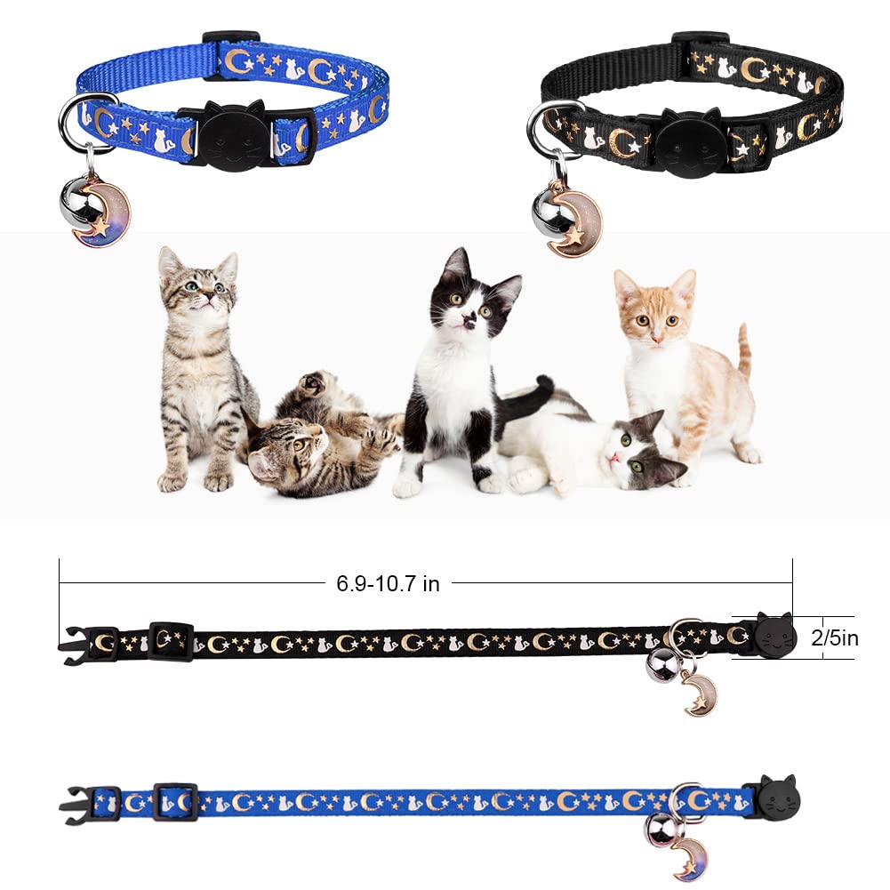 2Pcs Breakaway Cat Collars With Bell Moons Stars Cute Kitty Adjustable Safe Kitten Collars With Pendant Glow In The Dark(Black&B