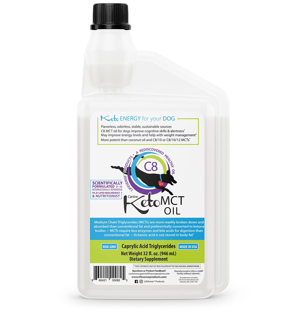 LifeSense C8 MCT Oil for Dogs, Keto-Friendly, Sourced from Coconut Oil, Human Grade, 32 oz, Made in USA by PhD Nutrition, Dog Op