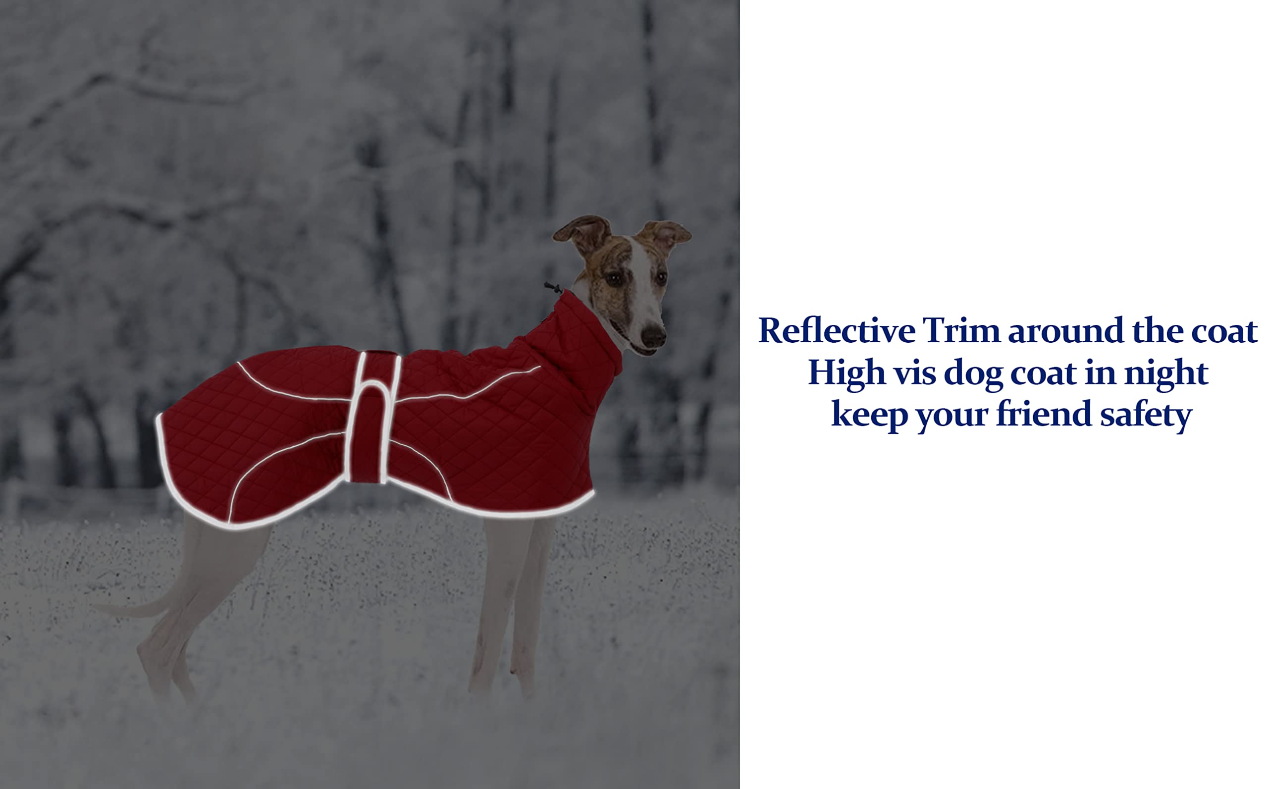 Greyhound Winter Coat, Whippet Coat With Padded Fleece Lining, Water Resistant Dog Jacket With Hook And Loop Closure And Reflective Trim Safety - Red - Medium