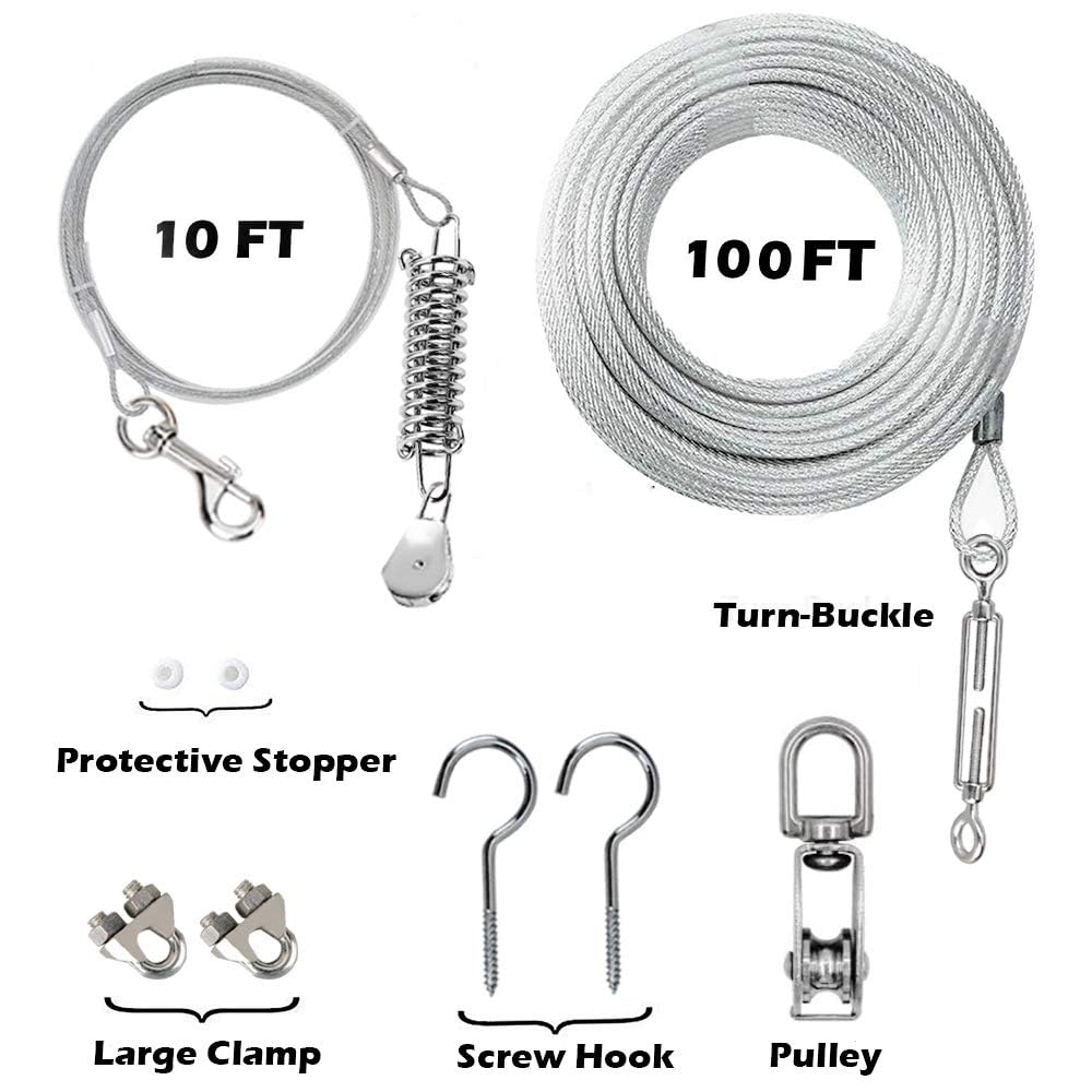 100Ft Dog Tie Out Aerial Run Trolley System - Heavy Duty Dog Aerial Run Cable With 10Ft Pulley Runner Line Holds 75Lbs Of Dogs F