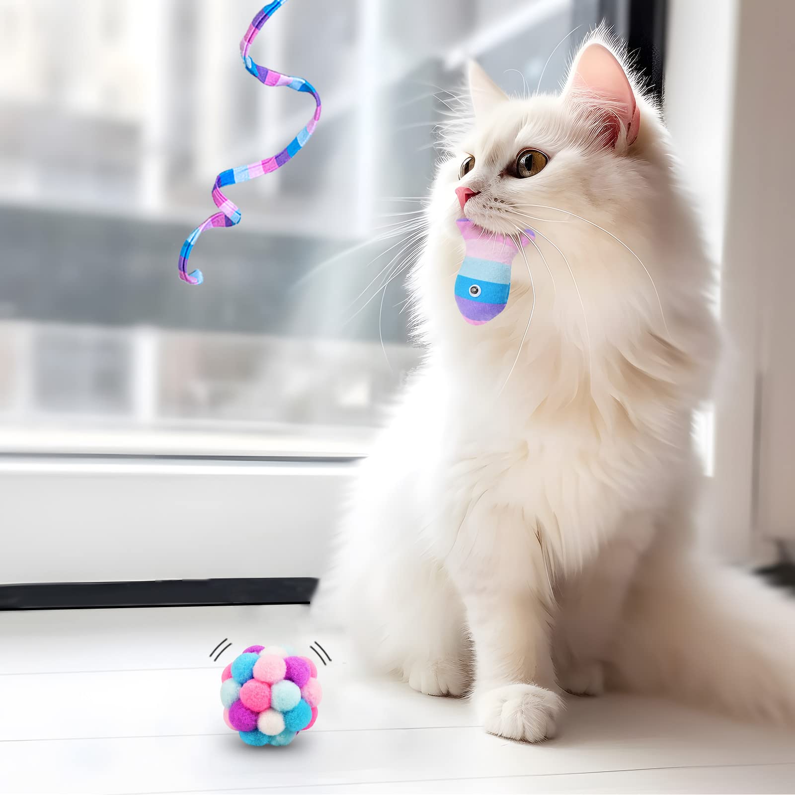 Tusatiy Cat Toys 3 Pack Set - Rainbow Cat Wand, String & Ball With Bell & Catnip, Interactive Kitten Toys For Indoor Play (Purpl