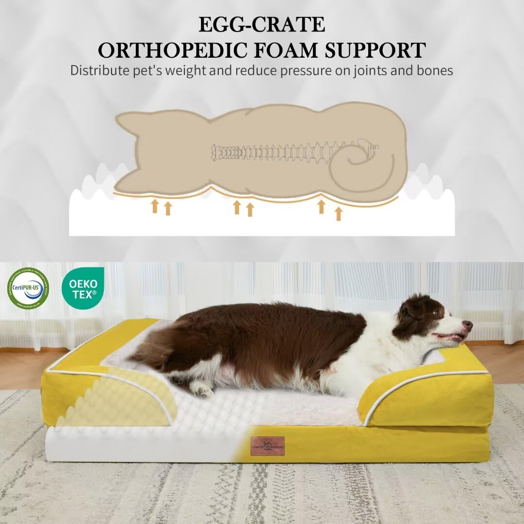 Comfort Expression Waterproof Dog Beds Large Sized Dogs, Large Dog Beds Orthopedic Foam, Comfy Pet Bed Sofa With Washable Removable Cover & Non-Slip Bottom(Large,Spicy Mustard)