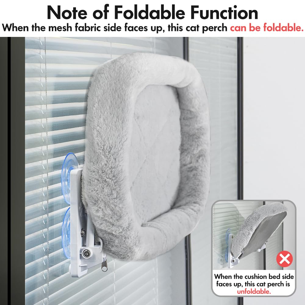 Amosijoy Cordless Cat Window Perch, Cat Hammock For Wall With 4 Strong Suction Cups, Solid Metal Frame And Two Replaceable Covers, Foldable Cat Beds For Indoor Cats (Large-Cushion Bed-Gray)