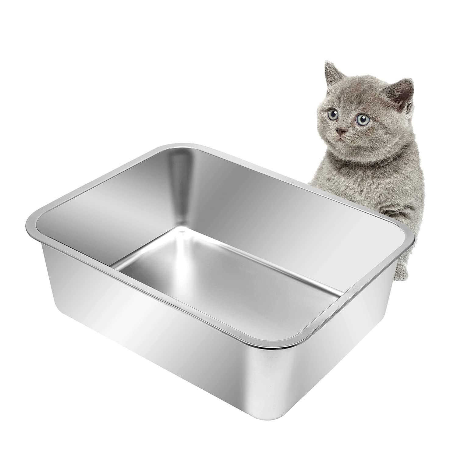 Kichwit Stainless Steel Litter Box For Cat, Non Stick Smooth Surface (17.5' L X 13.5' W X 6' H)