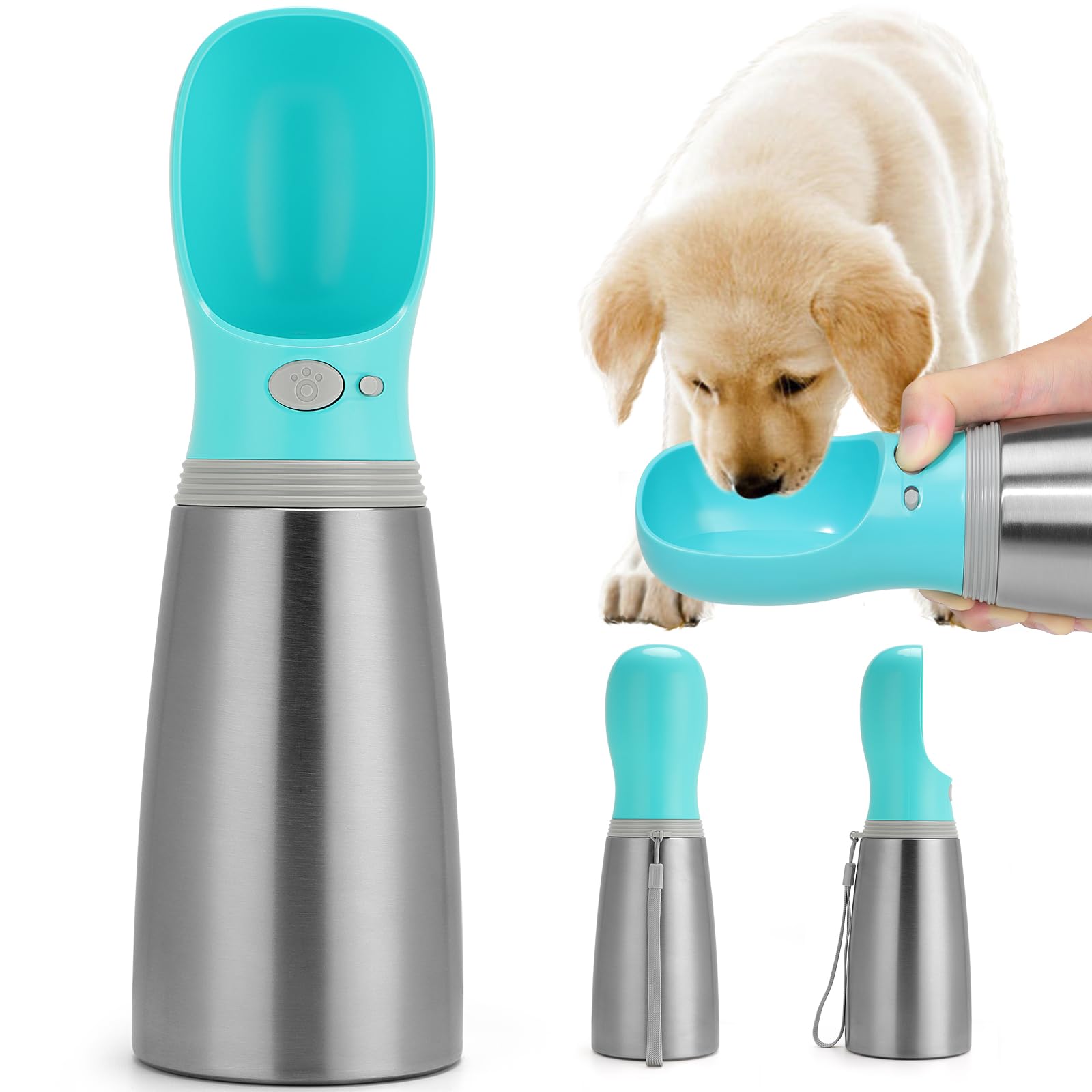Portable Dog Water Bottle, 24 Oz, Stainless Steel Leak Proof Puppy Water Dispenser With Drinking Feeder For Pets Travel, Walking