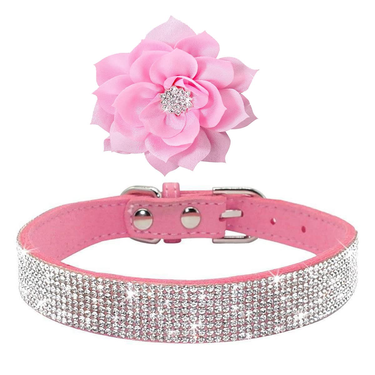 Haoyueer Cute Dazzling Sparkling Soft Suede Leather Dog Cat Rhinestone Collar Crystal Diamond Pet Dog Puppy Collar (Pink, S)