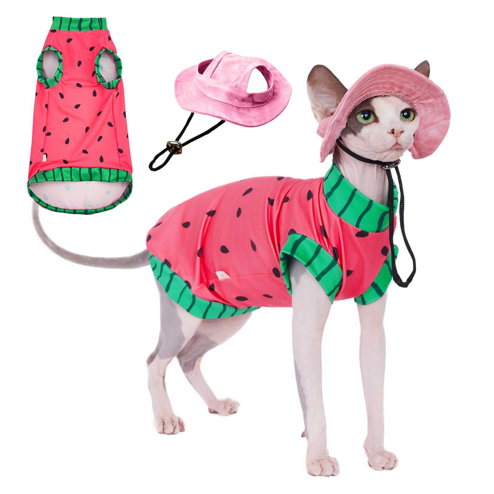 Sphynx Cat Watermelon Shirt &Sun Hat For Summer, Cooling Breathable Upf 50+ Shirt For Cats & Small Dogs Apparel, Shirt And Hat S