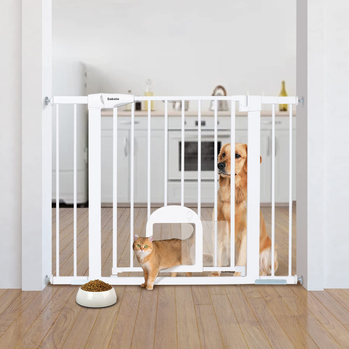 Babelio Baby Gate With Adjustable Cat Door, 29-43'' Auto Close Durable Dog Gate For Stairs, Doorways And House, Easy Walk Thru S