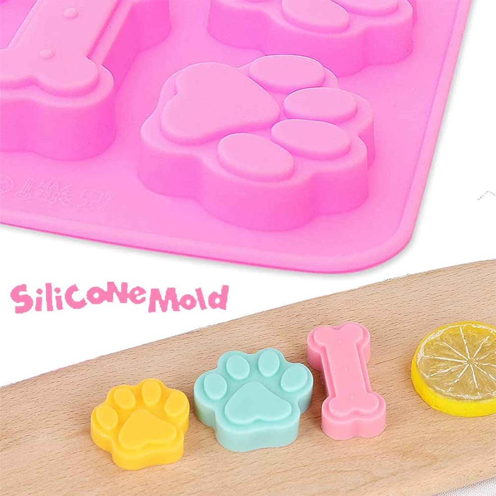 Silicone Puppy Treat Molds Puppy Paw Print & Dog Bone Shaped Molds Dog Treat Molds Used for Baking Chocolate Candy Jelly Ice Cub