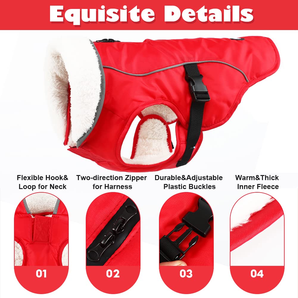 Emust Winter Dog Jacket, Windproof Dog Apparel For Cold Weather, Reflective Winter Coats For Dogs, Warm Puppy Jacket For Cold Winter, Red S