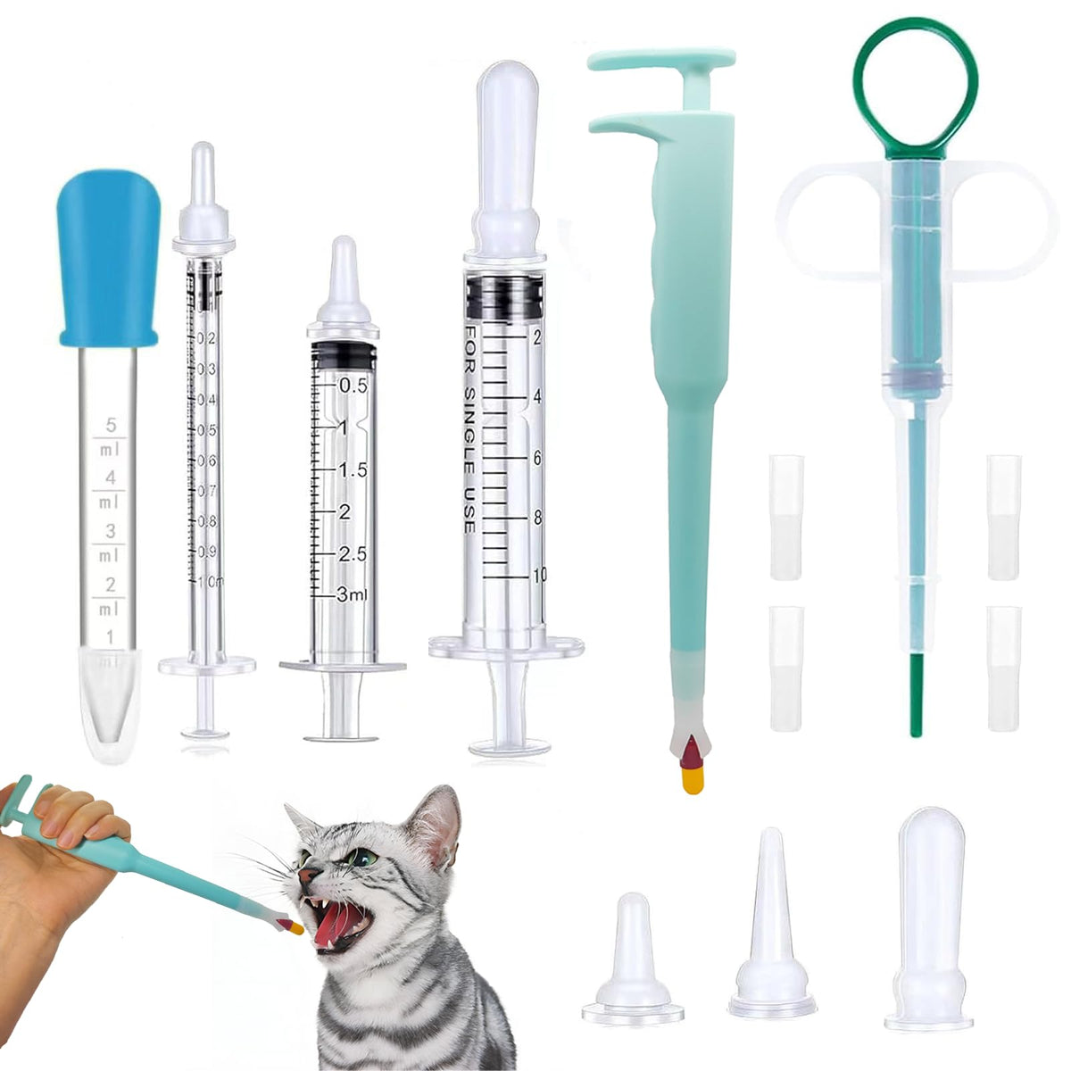 Cat Pill Shooter, Pet Pill Dispenser, Pet Syringe & Dropper Wirh Replacement Nipples, Suitable For Kittens, Puppies And Wild Ani