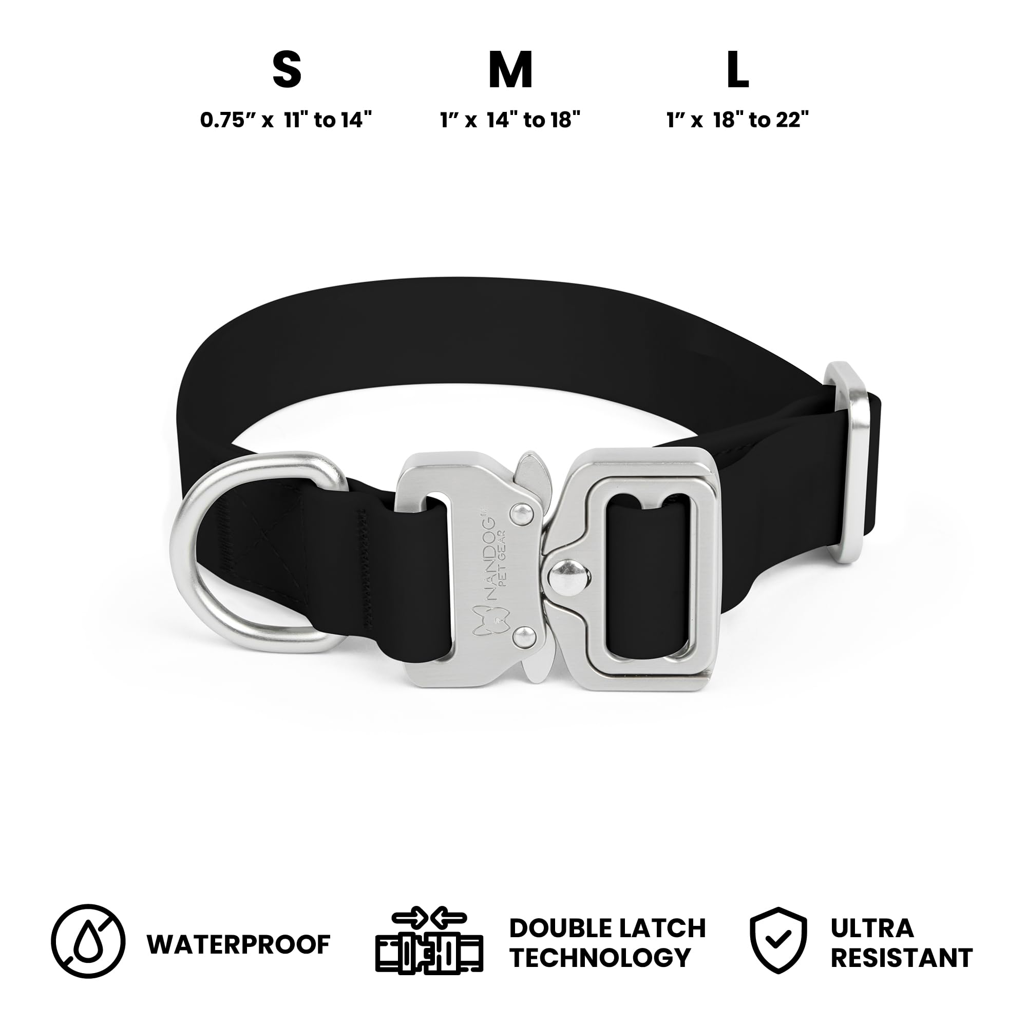 Nandog The Signature Collection Waterproof Poly-Flex Sport Dog Collar In Medium, Black - Durable & Adjustable - Secure Double La